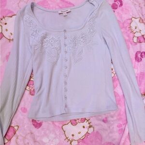 Light Blue Embroidered Scoop Neck Ribbed Top